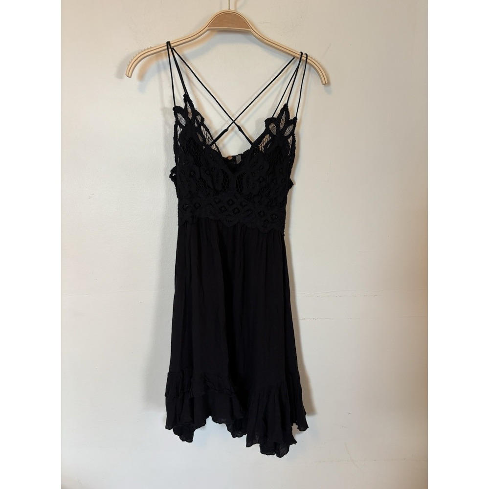 Free People Adella Mini Slip Dress Black Lace Boho Whimsigoth Fairy Small